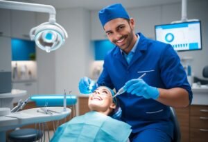 Dentist examining a patient's teeth in a dental office