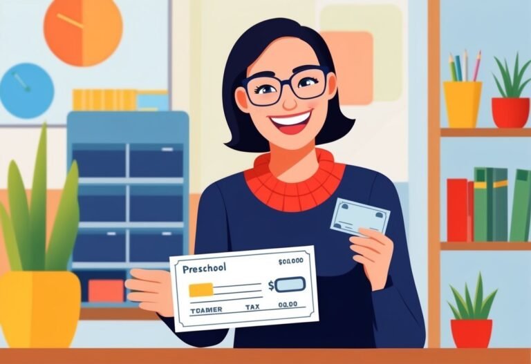 Smiling woman holding a check for preschool payment, office background