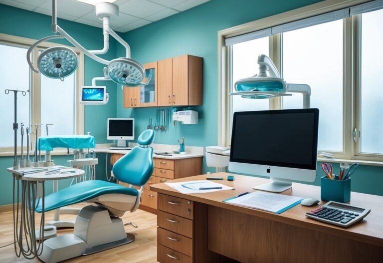 Dental office interior with dental chair, desk, and medical equipment