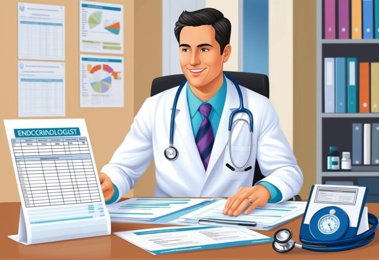 Smiling endocrinologist at desk with medical charts and equipment