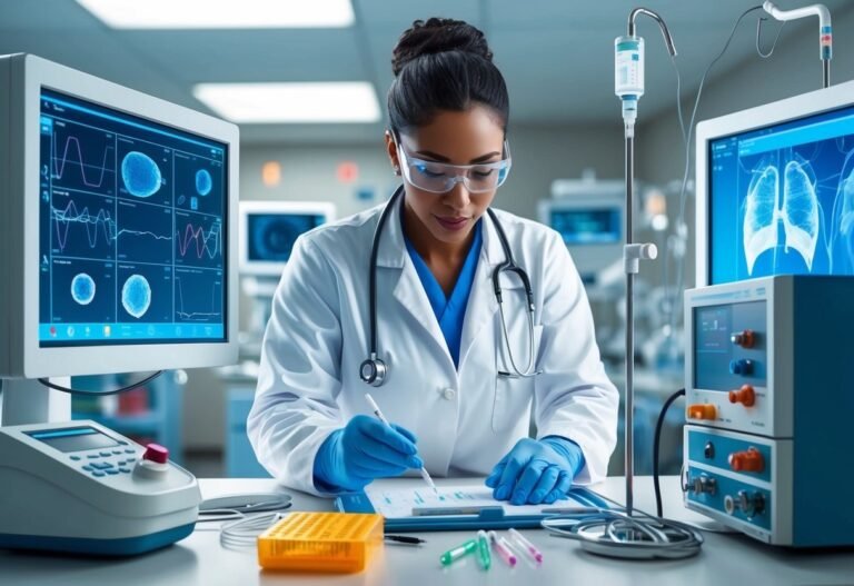 Female doctor in lab coat examines medical data on a desk