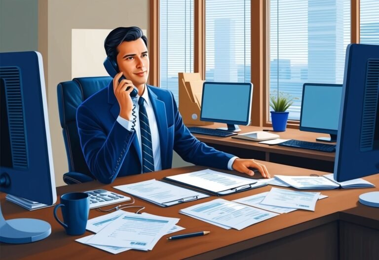 Businessman in blue suit talking on the phone at his desk