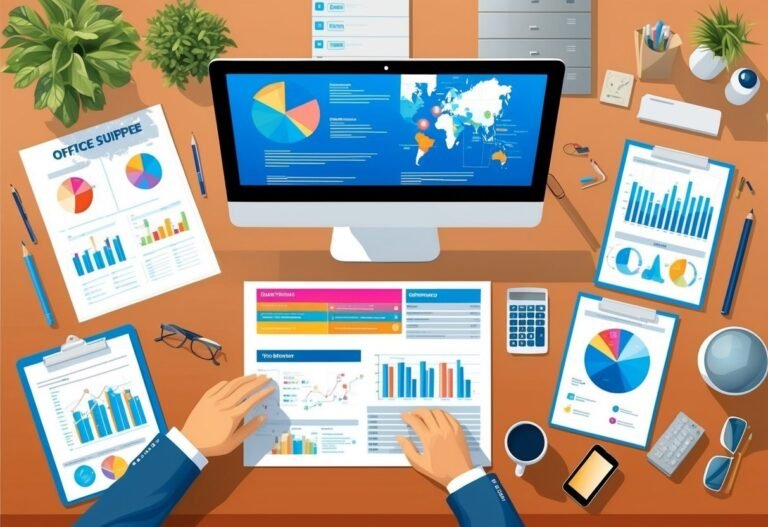 Desk with computer, charts, and hands analyzing data
