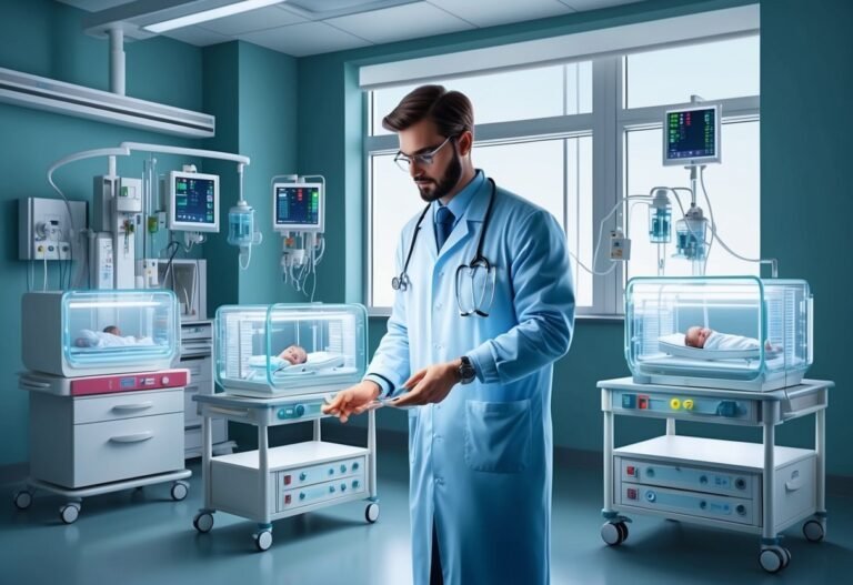 Doctor in a neonatal intensive care unit with babies in incubators