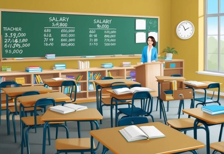 Classroom with teacher at podium, desks, and salary information on the chalkboard