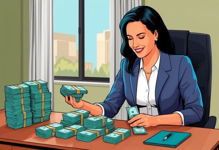 Smiling woman counting stacks of money at a desk in an office