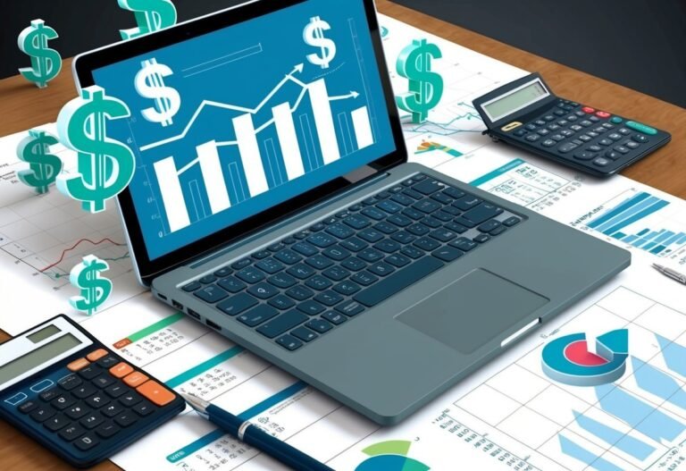 Laptop with financial charts, calculators, dollar signs, and documents on a desk