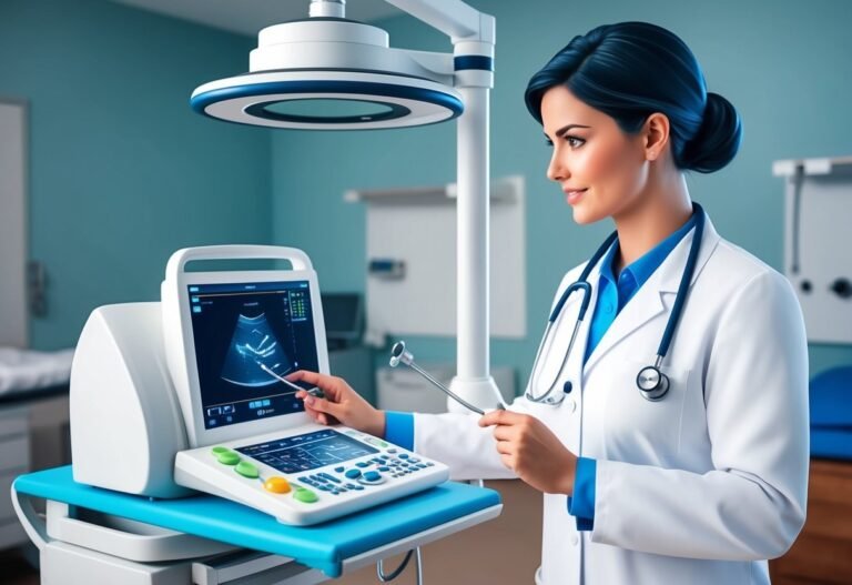 Female doctor using ultrasound machine in a medical examination room