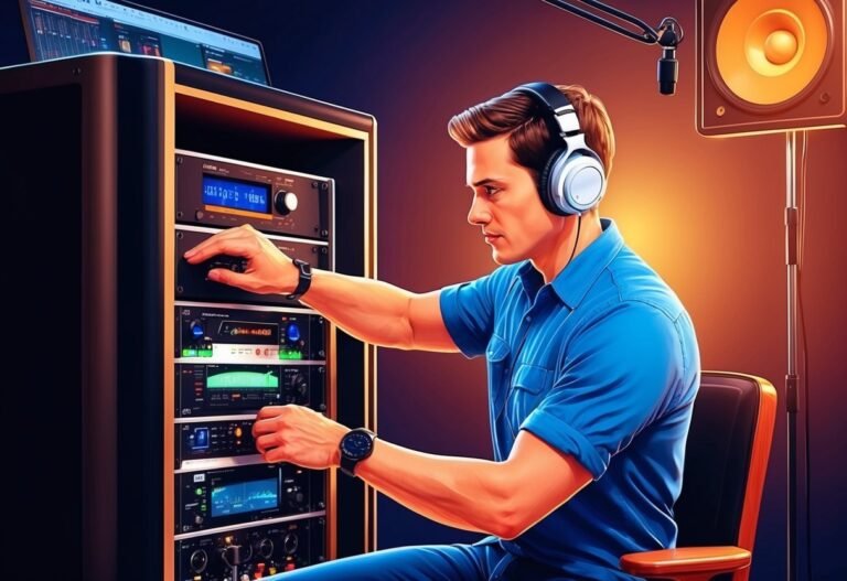 Man in headphones adjusting audio equipment in a recording studio