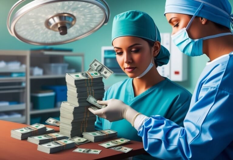 Two surgeons in scrubs count stacks of money in an operating room