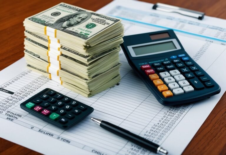 Stack of cash, calculators, pen, and financial documents on a desk