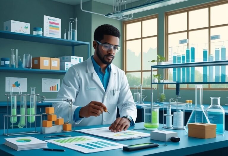 Scientist in lab coat examines documents with graphs and lab equipment