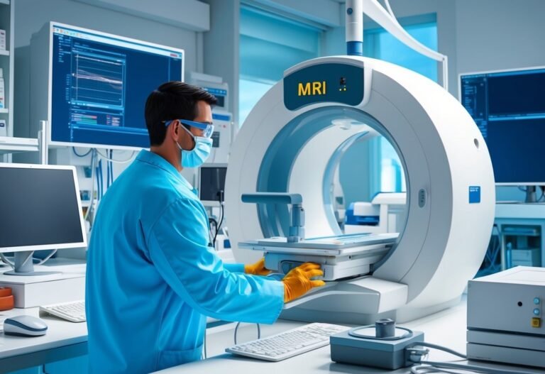 Medical professional operating an MRI machine in a hospital setting