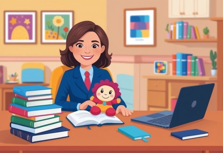 Woman in a blue suit with a doll, books, and laptop