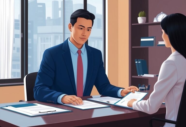 Man in suit reviewing documents with a woman in an office