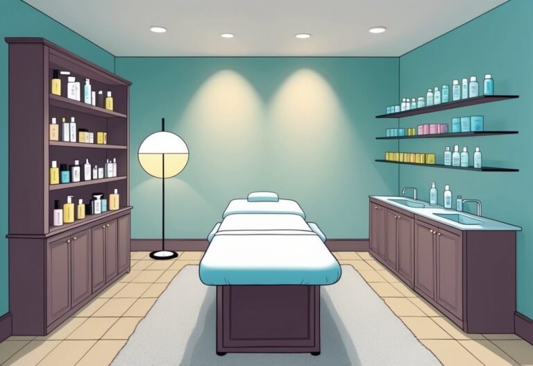 Spa room with massage table, shelves of products, and sinks