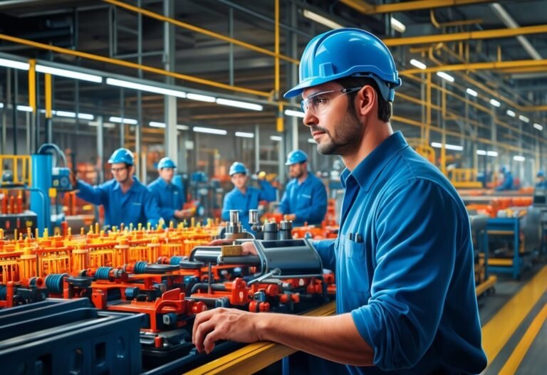 Factory worker in blue uniform and hard hat inspecting machinery