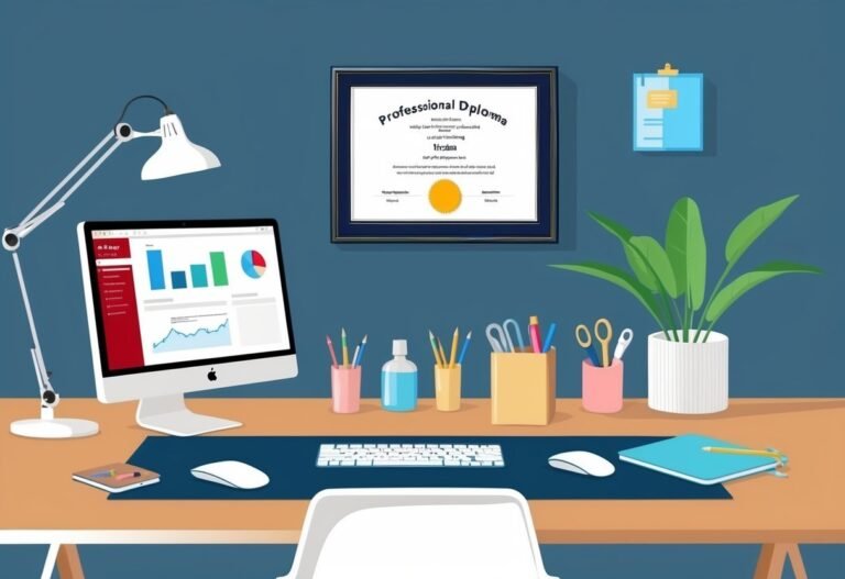Desk with computer, diploma, and office supplies, with a plant