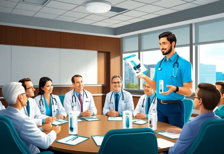 Doctors in a meeting, one presenting a product brochure and device