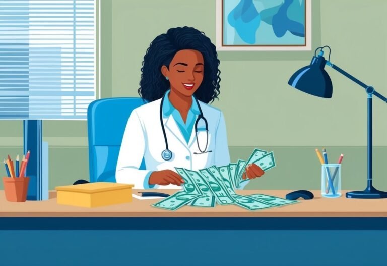 Doctor counting money at her desk, stethoscope around her neck