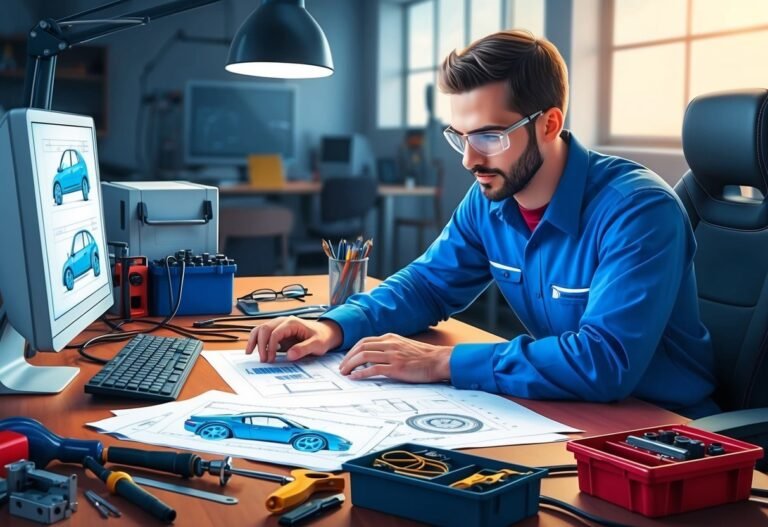 Man in blue shirt designing a car on a desk with tools