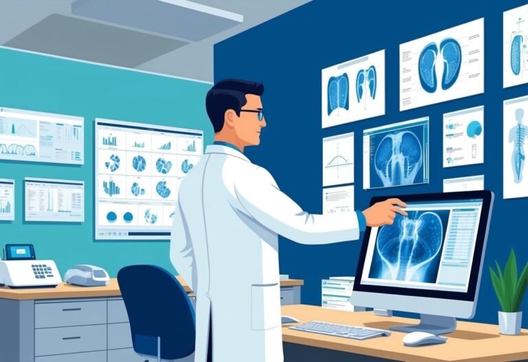 Doctor analyzing X-ray on computer screen in a modern medical office