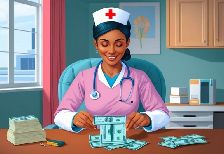 Smiling nurse in pink uniform counting stacks of US dollar bills