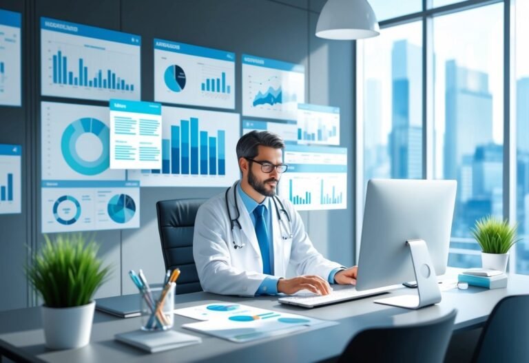 Doctor in lab coat working on computer with data charts in office