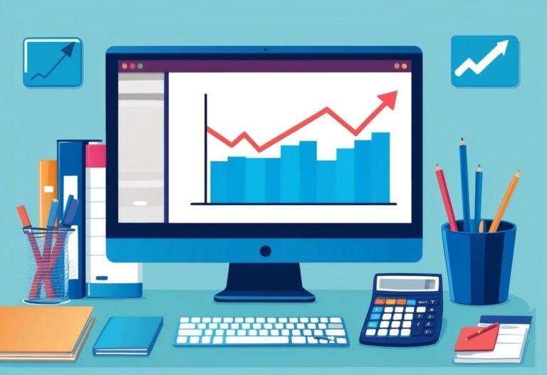 Desktop with computer showing a rising graph, office supplies