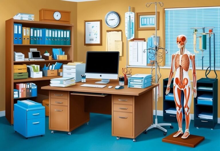 Medical office with a skeleton model, desk, and medical equipment
