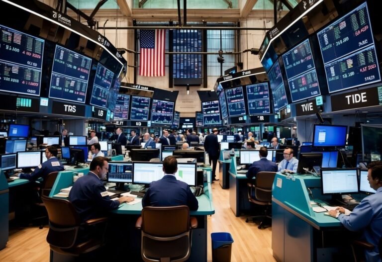 Stock traders working at desks in a busy trading floor with large screens
