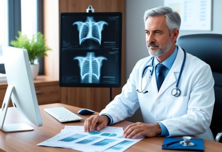 Doctor looking at chest X-rays on a monitor in his office