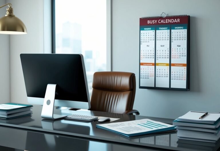Office desk with computer, calendar, chair, and documents