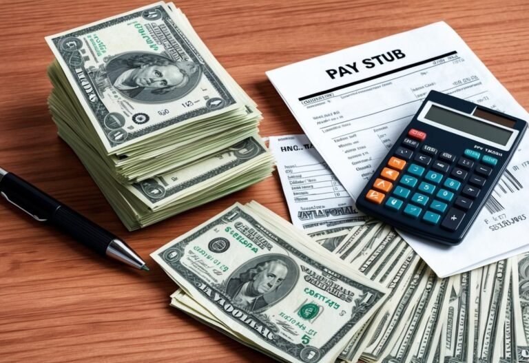 Stacks of dollar bills, pay stub, and calculator on a wooden table