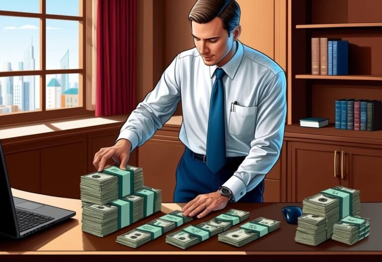 Businessman in office with stacks of cash on desk