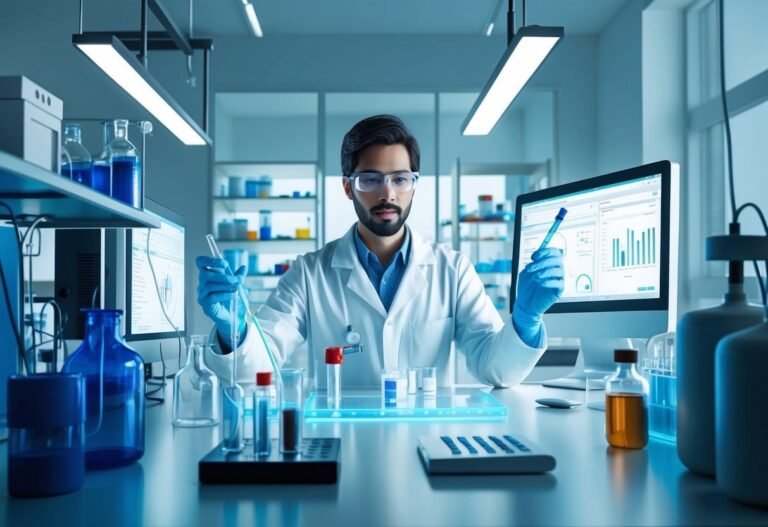Scientist in lab coat with test tubes, computer, and blue liquids