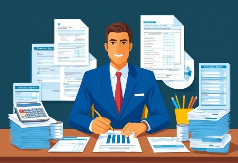 Smiling businessman in suit surrounded by documents, calculator, and financial charts