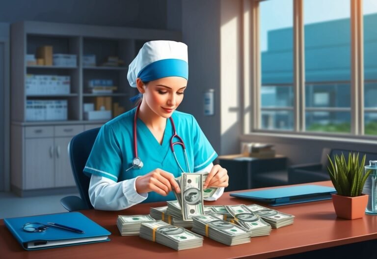 Nurse counting stacks of money at a desk in an office setting