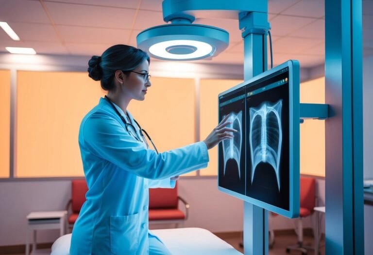 Doctor examining chest X-rays on a monitor in a medical office