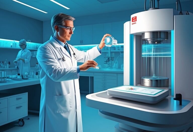 Scientist in lab coat working with advanced medical equipment and a colleague