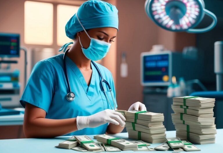 Surgeon in scrubs counting stacks of money in an operating room